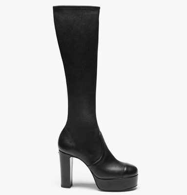 Chanel 24K Black Stretch Lambskin CC Platform Block Heel Knee High