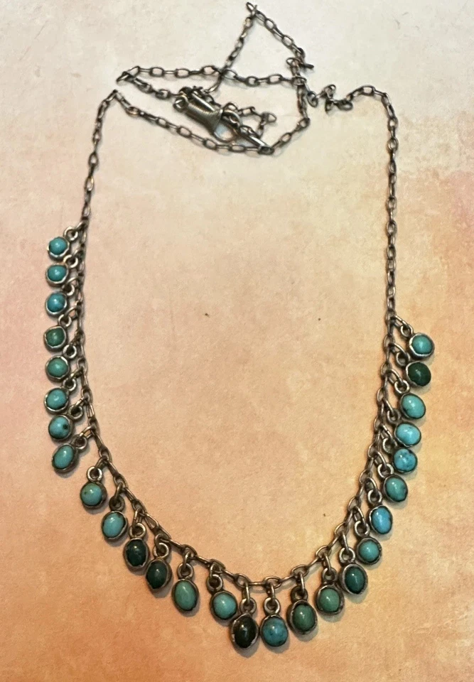 ANTIQUE ART DECO SILVER NATURAL TURQUOISE NECKLACE 1920S - Image 3 of 4