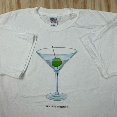 Vintage Y2K It's 5 O'clock Somewhere Martini White T shirt Resort Fun Summer XL