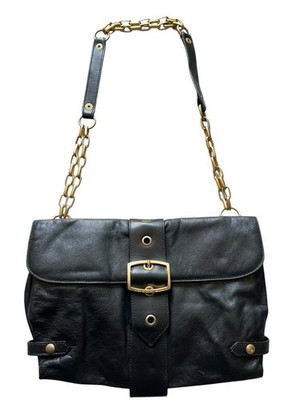 Black Leather Crossbody Bag Gold Chain Links Buckle Purse Vtg Tosca Blu Italy