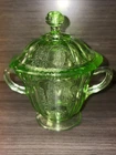 Vintage Green Uranium Federal Depression Glass Parrot Sylvan Footed Sugar