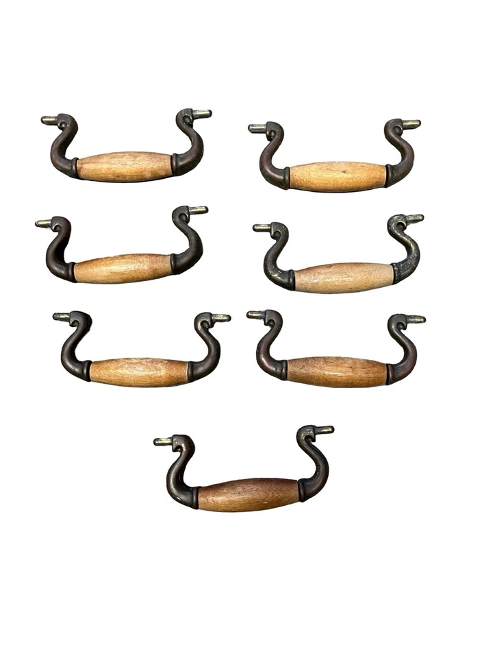 7 件套复古 Chippendale 黄铜桶抽屉拉手带木柄 ~ 1.5x3.25 阅读 — 第 2/4 张图片