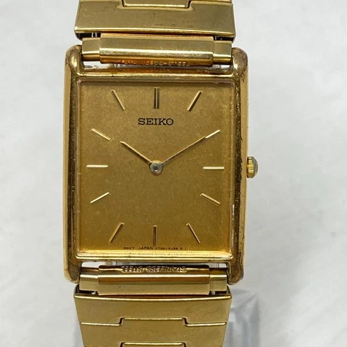 Vintage Seiko Tank Watch Men Gold Tone 25mm V700-5K30 Stretch Band New Battery
