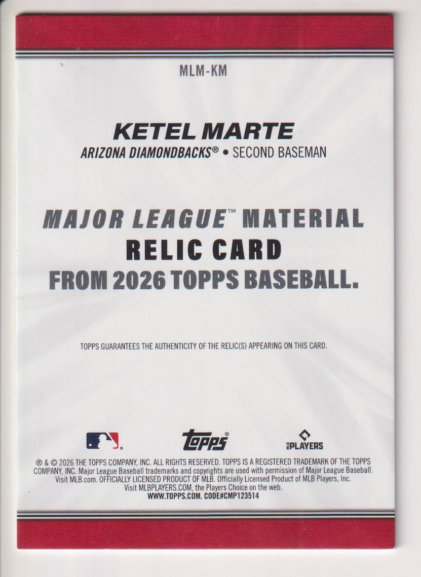 KETEL MARTE 2026 TOPPS BASEBALL GAME USED JERSEY RELIC CARD #MLM-KM view 2