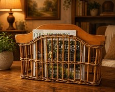 Vintage Bamboo Rattan Magazine Rack Record Holder Mid Century Boho Brown 16inch