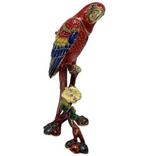 Scarlet Macaw Parrot in Tree Metal Enamel Rhinestone Hinged Trinket Box