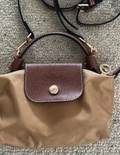 Longchamp Small Satchel Top Handle Beige Nylon/Brown Leather Detachable Strap