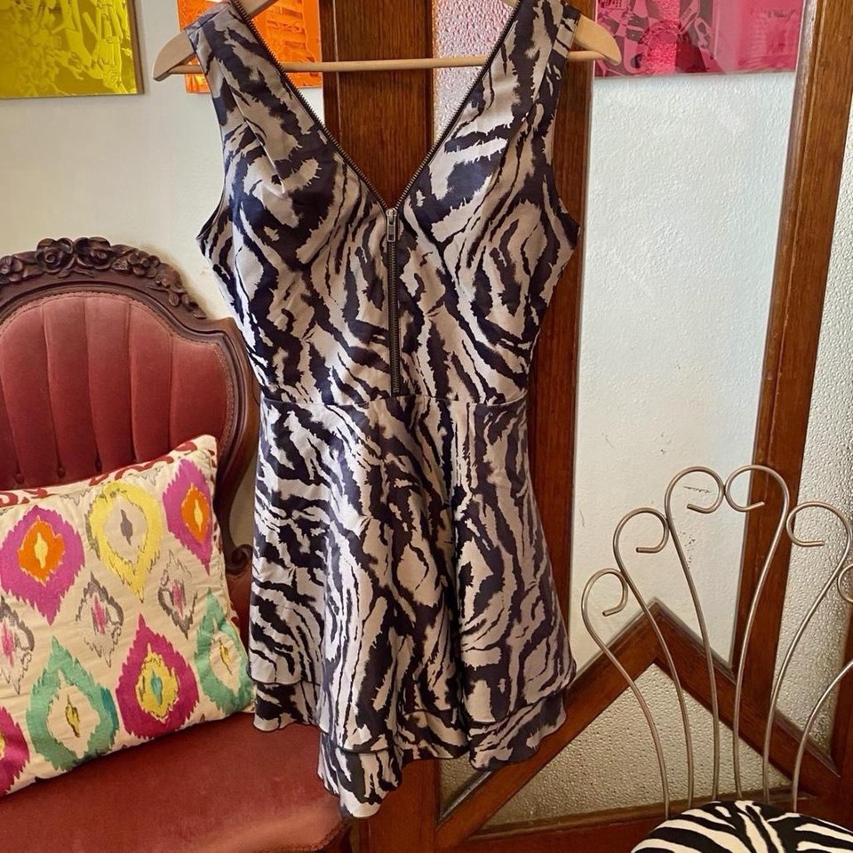 Bebe Pewter Zebra Stripe Fit & Flare Mini Dress Sz 6