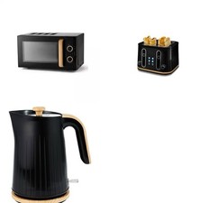 Black&Wood Textured Scandi Kettle Toaster and Microwave Set Stylish Kitchen
