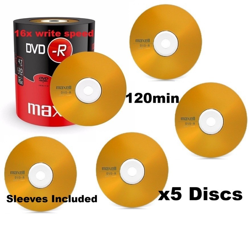 5x  MAXELL DVD-R  BLANK DISCS RECORDABLE DVD 16x 4.7GB 120 MINS PC with Sleeves