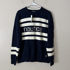NWT Nautica White Blue Spell out Crew Neck Pullover Striped Sweater Mens Large