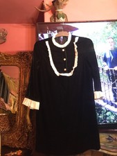 ZARA SIZE MED BLACK VELVET RETRO LOOK SHIFT DRESS WHITE TRIMS 8 10-12