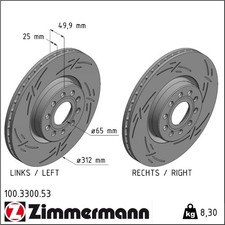2x Zimmermann 100.3300.53 Bremsscheibe für VW SEAT SKODA AUDI GOLF PASSAT CADDY