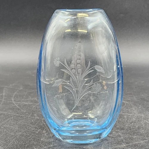 Hand Blown Blue Tint Glass Vase Etched Floral Scandinavian Swedish Oval 6.75″ - Picture 1 of 12