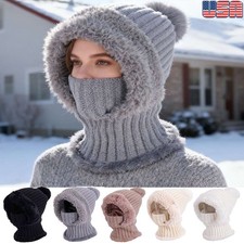 Winter Beanie Scarf Mask Set Fleece Lined Knit Hat w/ Ear Flap Warm Neck Warmer