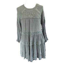 Free People XS Mini Dress Ruffled Embroidered Artsy Boho Olive Green 3/4 Sleeves