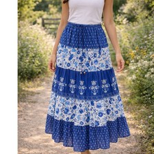 Lauren Ralph Lauren Blue Tiered Floral Skirt Cotton Boho Cottagecore Size Small