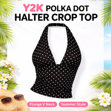 Women’s Y2K Polka Dot Halter Crop Top Backless Plunge V Neck Going Out Night Out