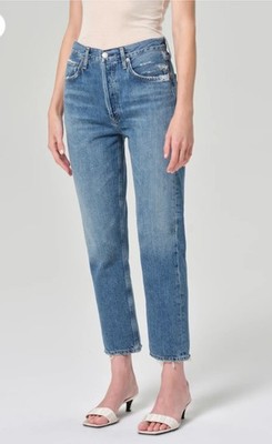 Agolde Riley High Rise Straight Crop Jeans Womens 25 Denim Blue Chew Hem Cotton