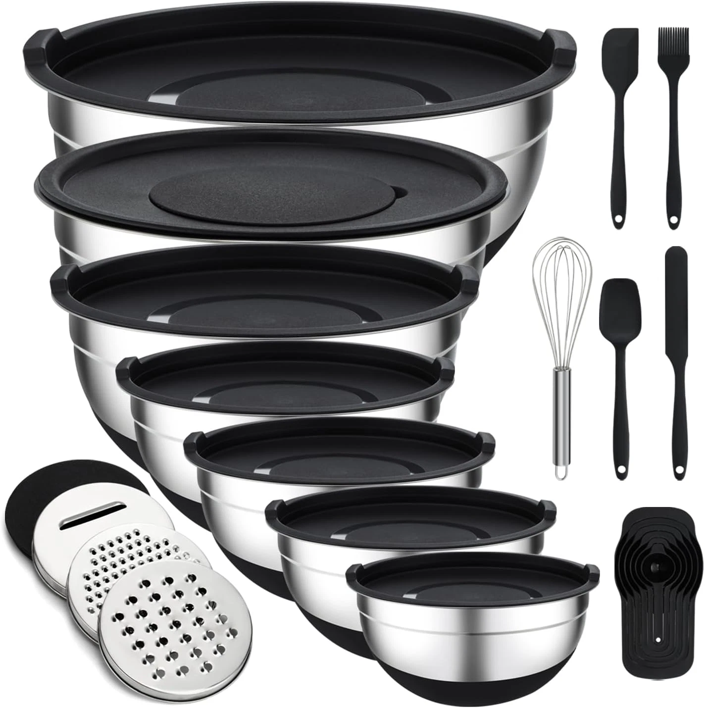 Mixing Bowls with Lids Set, 7 Pcs Stainless Steel Mixing Bowls with 3 Grater Att