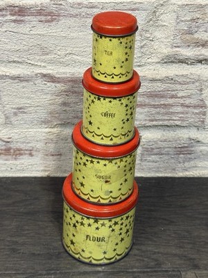 Vintage Toy Kitchen Tin Canister Set Atomic Star Flour Sugar Coffee Tea 1960s