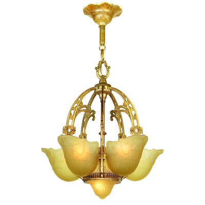 Antique 1930s Art Deco Chandelier Slip Shade Ceiling Light Fixture