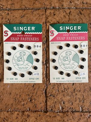 Vintage Singer Sew on Snap Fasteners 12 Size 00 Lot of 2 Separate Cards Black