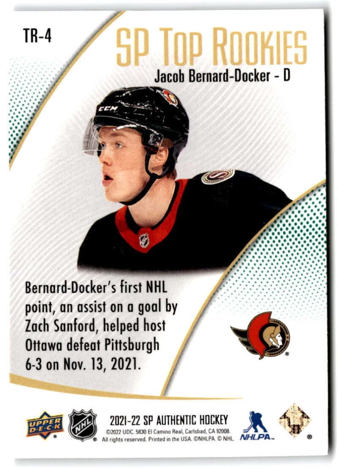 2021 SP Authentic Top Rookies Green #TR-4 Jacob Bernard-Docker  Ottawa Senators - Image 2 of 2