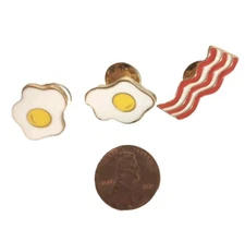 Vintage EGGS AND BACON 3 PIN SET PIN PALS Lapel Pin Gold Tone & Enamel EUC 