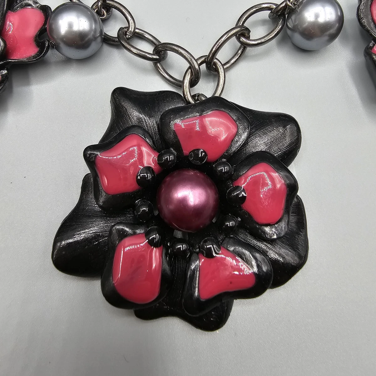 KH Studio Statement Necklace Large Floral Black Red Faux Pearl