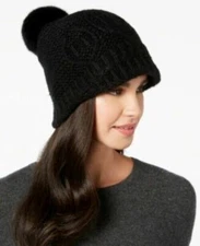 Surell Rabbit-Fur Pom Pom Knit Hat Black