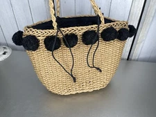 LUCKY BRAND Straw Woven Bag Shoulder Bag Straw Pom Accent Cinch Closure