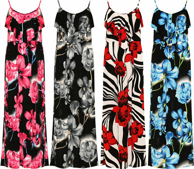 Übergröße Damen Frauen Blumenmuster ärmellos Sommer Rüschen Träger Maxikleid