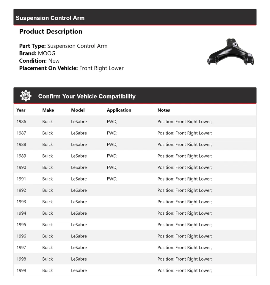 Brazo de control de suspensión delantero derecho inferior MOOG 1986-1999 Buick LeSabre 1986 Foto 2 de 4