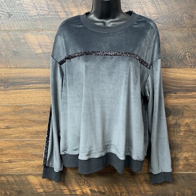 Sykooria Women's Top Velour Sweatsuit Pullover Top XXL Gray Black Glitter Trim