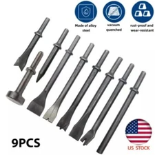 9Pcs Pneumatic Air Hammer Punch Chipping Bits Tool Chisel 0.39In Shank Tool Set