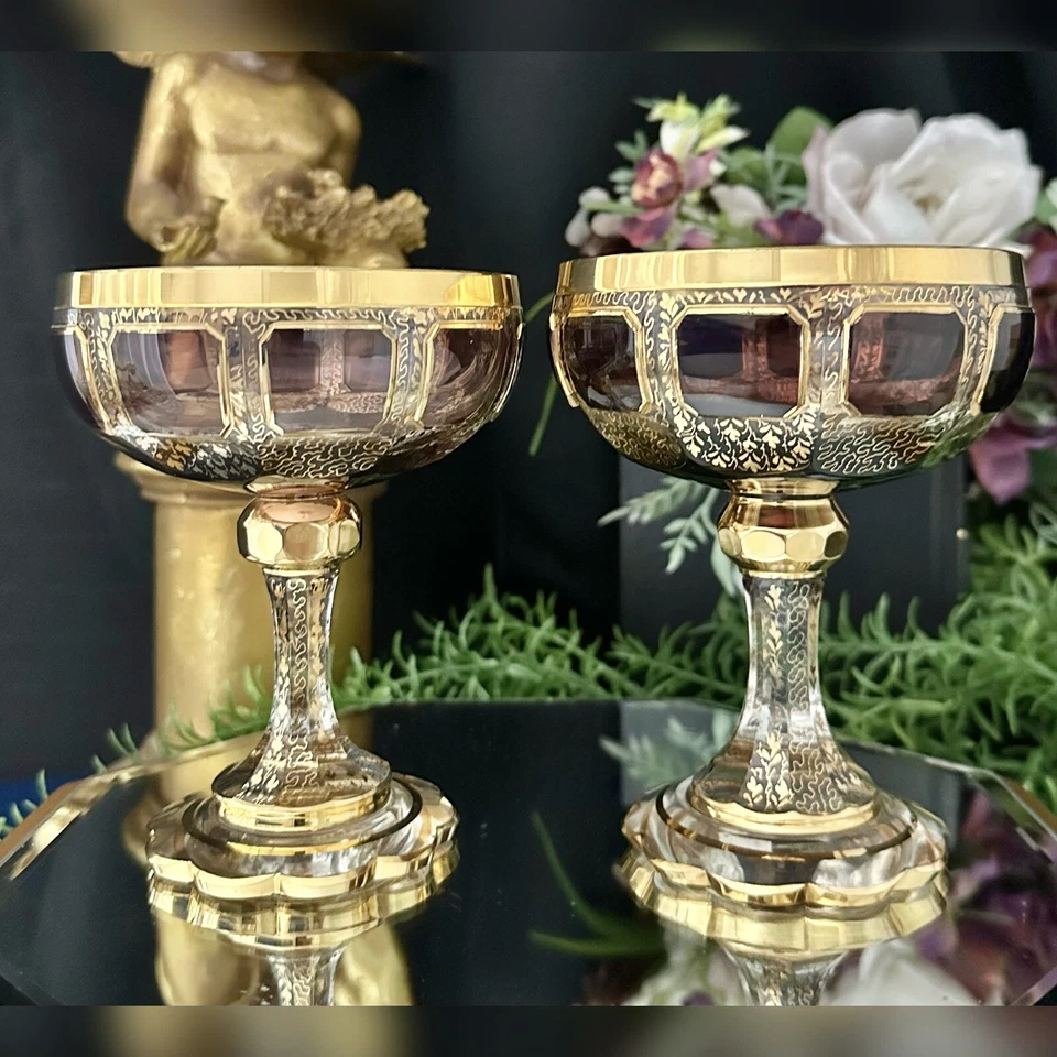 Steiner & Vogel Champagne Gold & Amethyst 1920's Art Deco Moser Cabochon Panels - Image 4 of 4