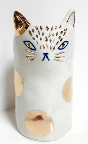 Anthropologie BIRDCANFOX Cat Vase Cup Pot Kitten White Gold Stoneware 6"H NEW - Picture 3 of 4
