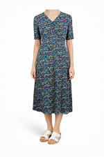 BODEN Tessa Ditsy Floral Midi Dress V-Neck Black A-Line Cottage Size US 8 UK 12