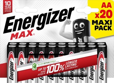 Energizer Batterie Alkaline, Mignon, AA, LR06, 1.5V Max, Retail Blister (20-Pack