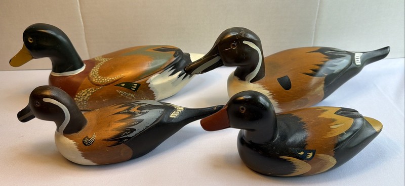 Decorative Wooden Duck Decoys, Set Of Four, Two Large, Two Small, Handmade