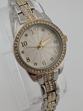 Women's Quartz Watch 27mm Case Rhinestone Bezel Two Tone 7" Band- New Battery