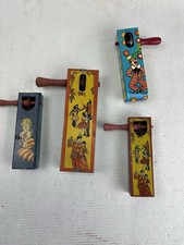 Tin Noise Makers Wood Handle Vintage Lot Of 4 Z