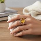 Golden Yellow Citrine Oval 32.70Ct 925 Sterling Silver Rose Gold Rings Size 6.75