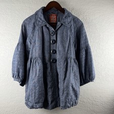 Free People Linen Blend Jacket Blue Chambray Button Front Balloon Sleeve Size S