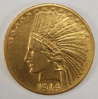 1914 $10 Gold Indian Head Eagle Coin Almost Uncirculated