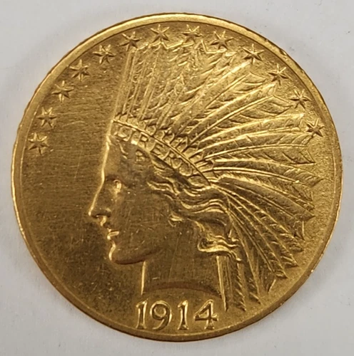 1914 $10 Gold Indian Head Eagle Coin Almost Uncirculated