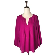 Collective Concepts Shirt Women XS Pink Balloon Sleeve V Neck Lace Detail Blouse