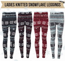 New Ladies Soft Knitted Christmas XMAS Snowflake Leggings for Women UK 8-14
