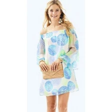 Lilly Pulitzer Abi Silk Off the Shoulder Dress Sand Shell Metallic Accents Boho